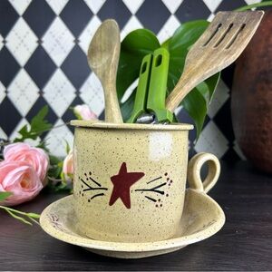 Studio Pottery Crock for Kitchen Utensils 4.5” + Underplate| Farmhouse Primitive